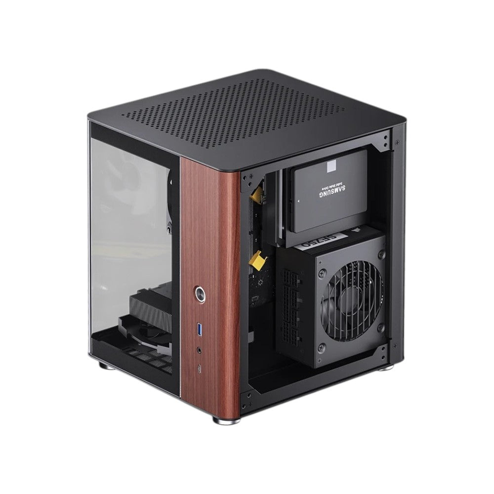 Jonsbo TK-0 Black Mini-ITX gaming case featuring a premium wooden side panel design.