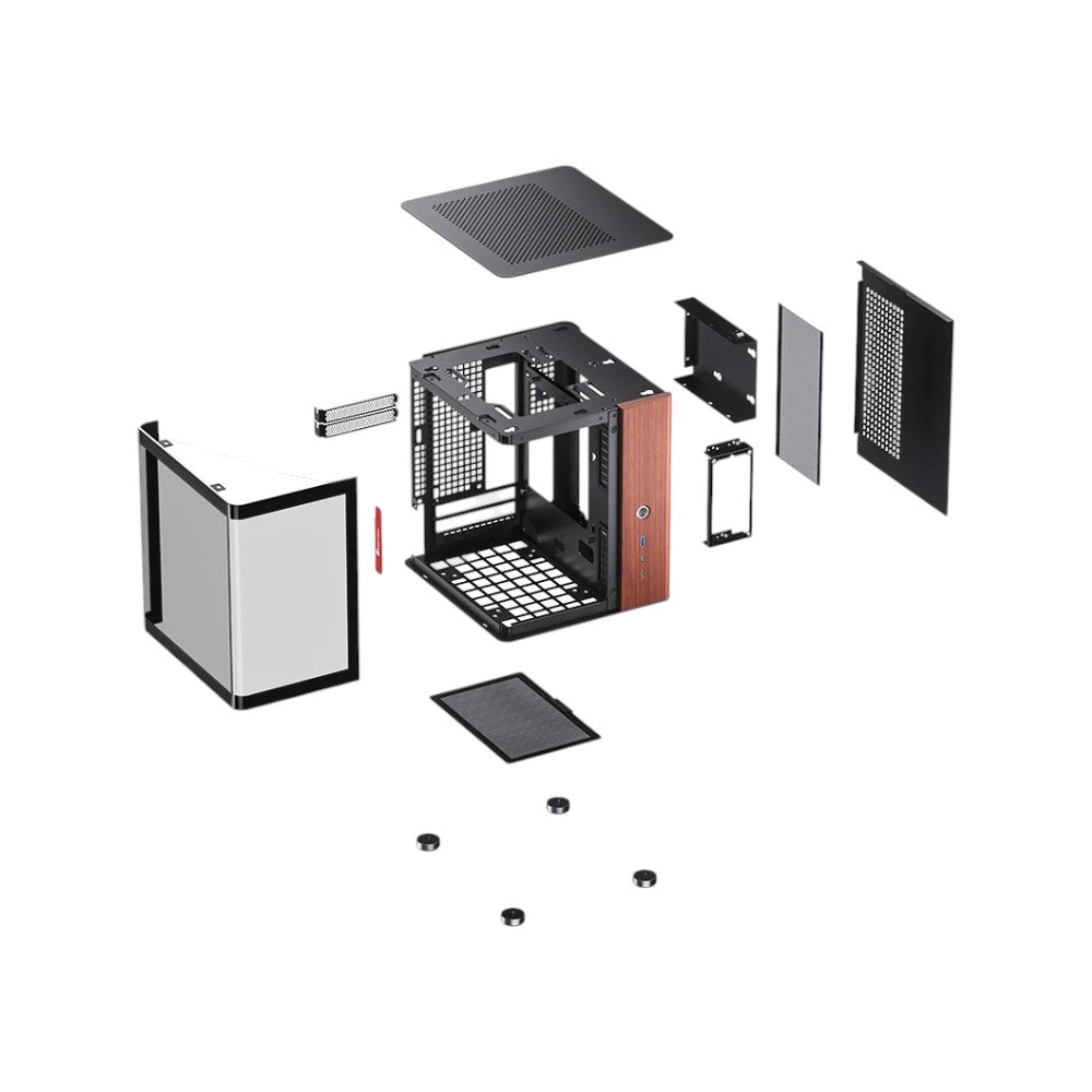 Jonsbo TK-0 Black Mini-ITX gaming case featuring a premium wooden side panel design.
