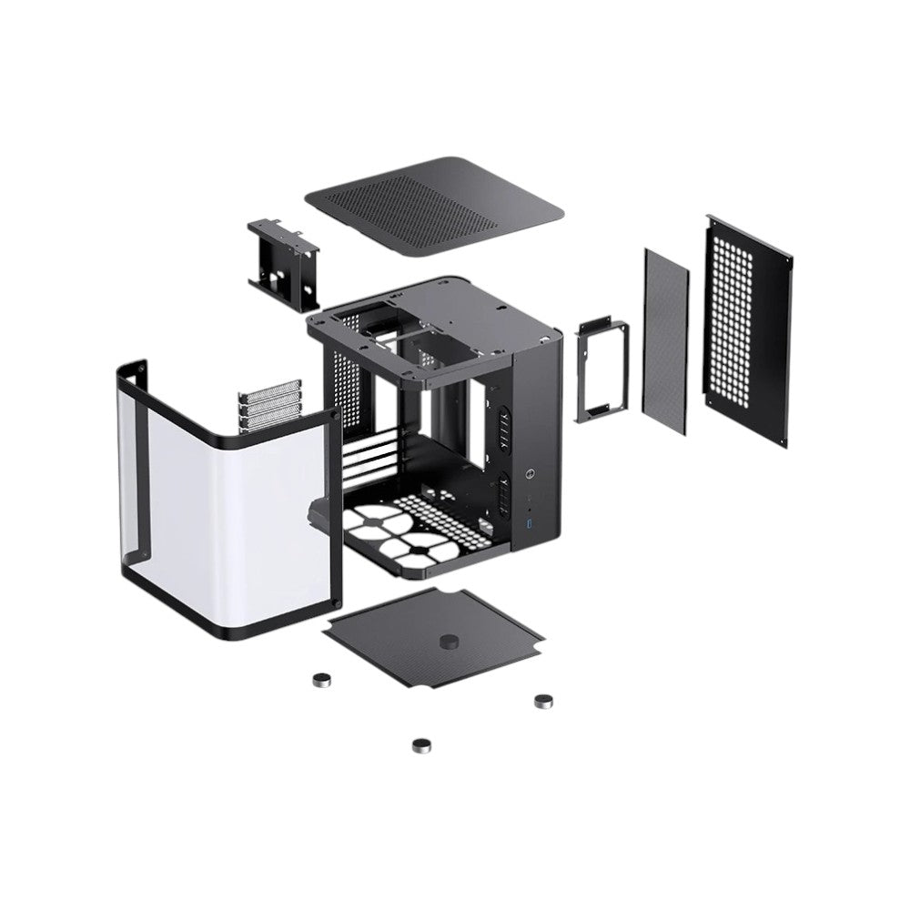 Jonsbo TK-1 Black Micro-ATX mini tower gaming case featuring a curved transparent glass panel view.