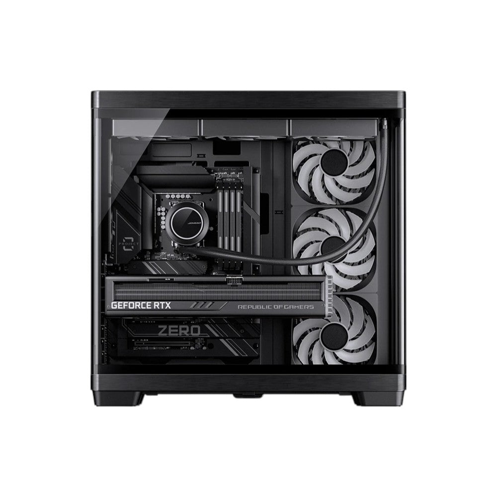 Jonsbo TK-4 dual-chamber ATX computer case in black with premium wood trim accents and panoramic curved glass panel.