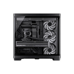 Jonsbo TK-4 dual-chamber ATX computer case in black with premium wood trim accents and panoramic curved glass panel.