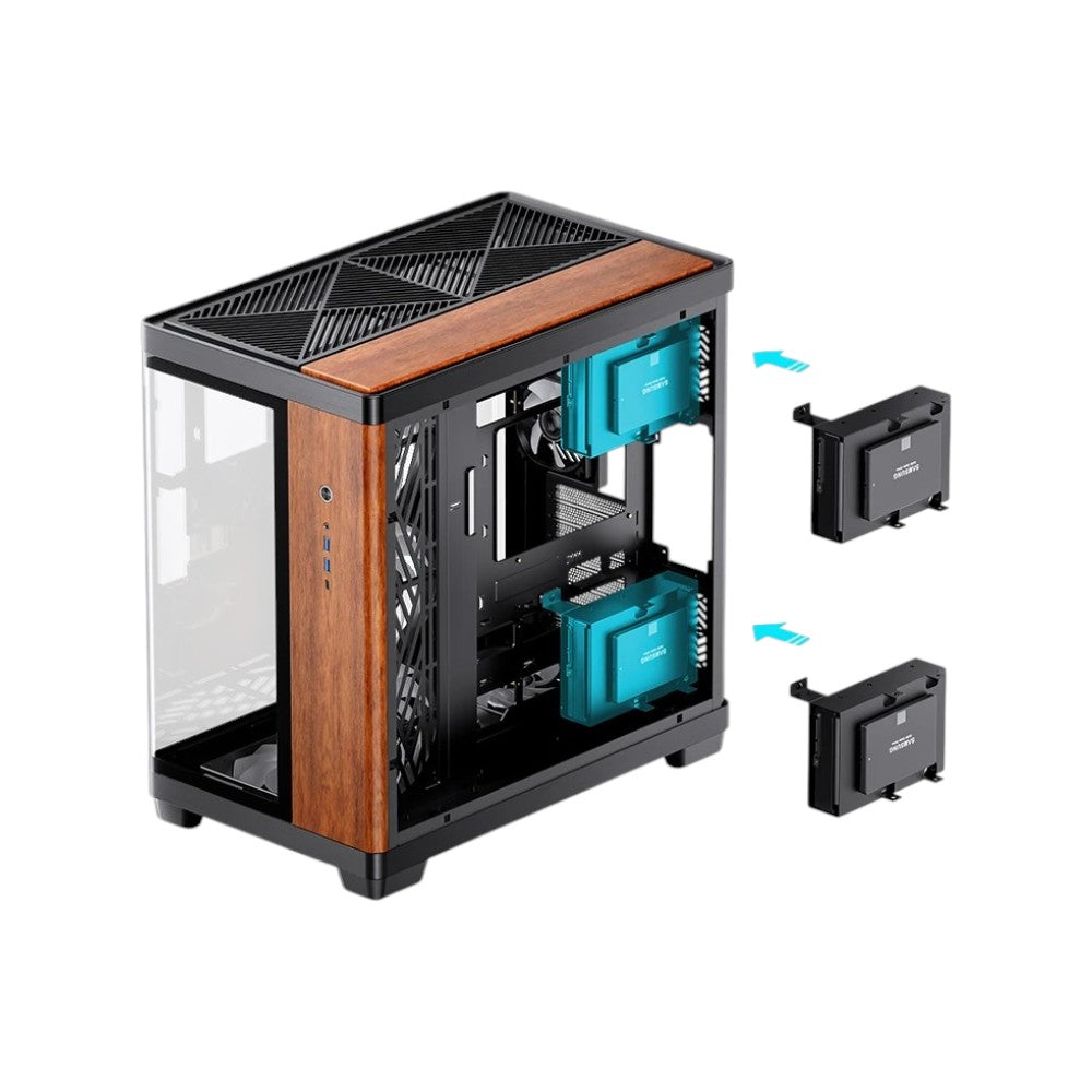 Jonsbo TK-4 dual-chamber ATX computer case in black with premium wood trim accents and panoramic curved glass panel.