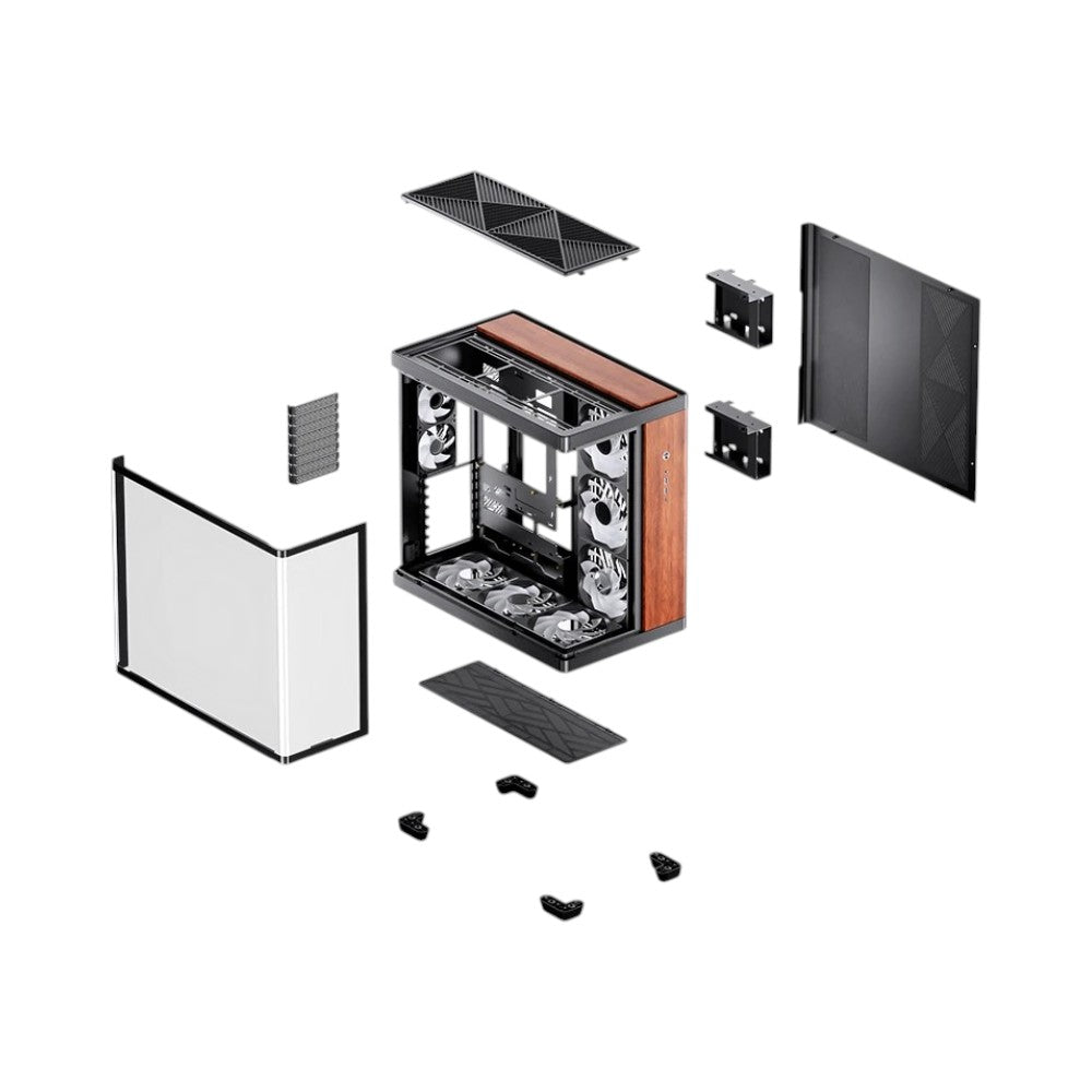 Jonsbo TK-4 dual-chamber ATX computer case in black with premium wood trim accents and panoramic curved glass panel.