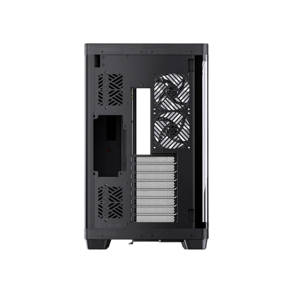 Jonsbo TK-4 dual-chamber ATX computer case in black with premium wood trim accents and panoramic curved glass panel.