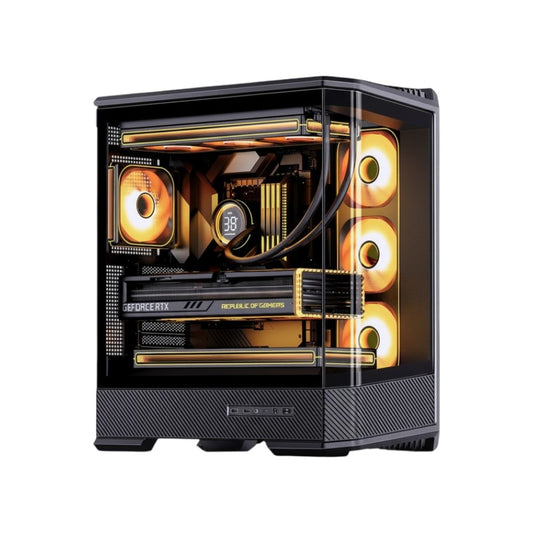 Jonsbo D400 ATX mid-tower computer case in black with a clear side panel showing internal components.