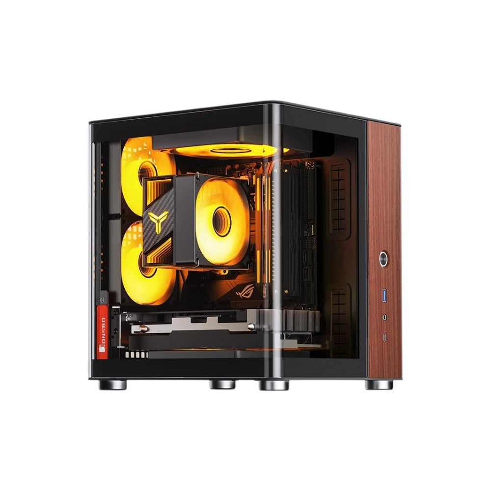 Jonsbo TK-0 Black Mini-ITX gaming case featuring a transparent side panel and a yellow cooling fan.