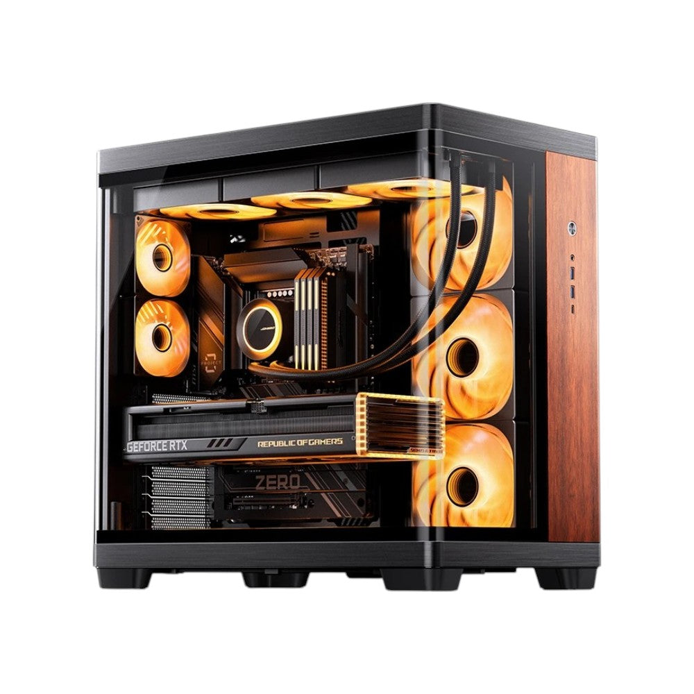 Jonsbo TK-4 dual-chamber ATX computer case in black with premium wood trim accents and panoramic curved glass panel.
