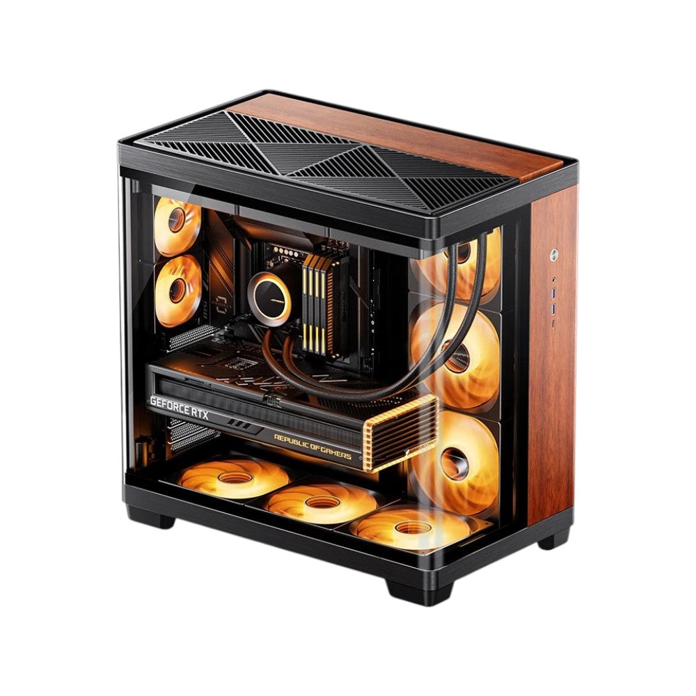 Jonsbo TK-4 dual-chamber ATX computer case in black with premium wood trim accents and panoramic curved glass panel.