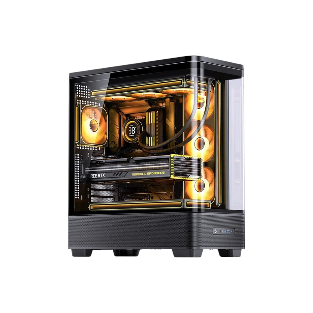 Jonsbo TK-5 Black ATX mid tower gaming case featuring a panoramic seamless curved tempered glass side panel.