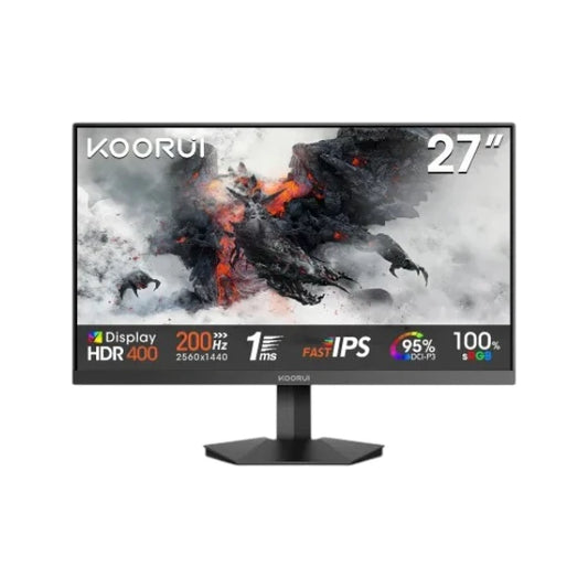 Koorui G2721P 27-inch gaming monitor with a 200Hz refresh rate, 1ms response time, 2K QHD Fast IPS panel, and slim bezels.