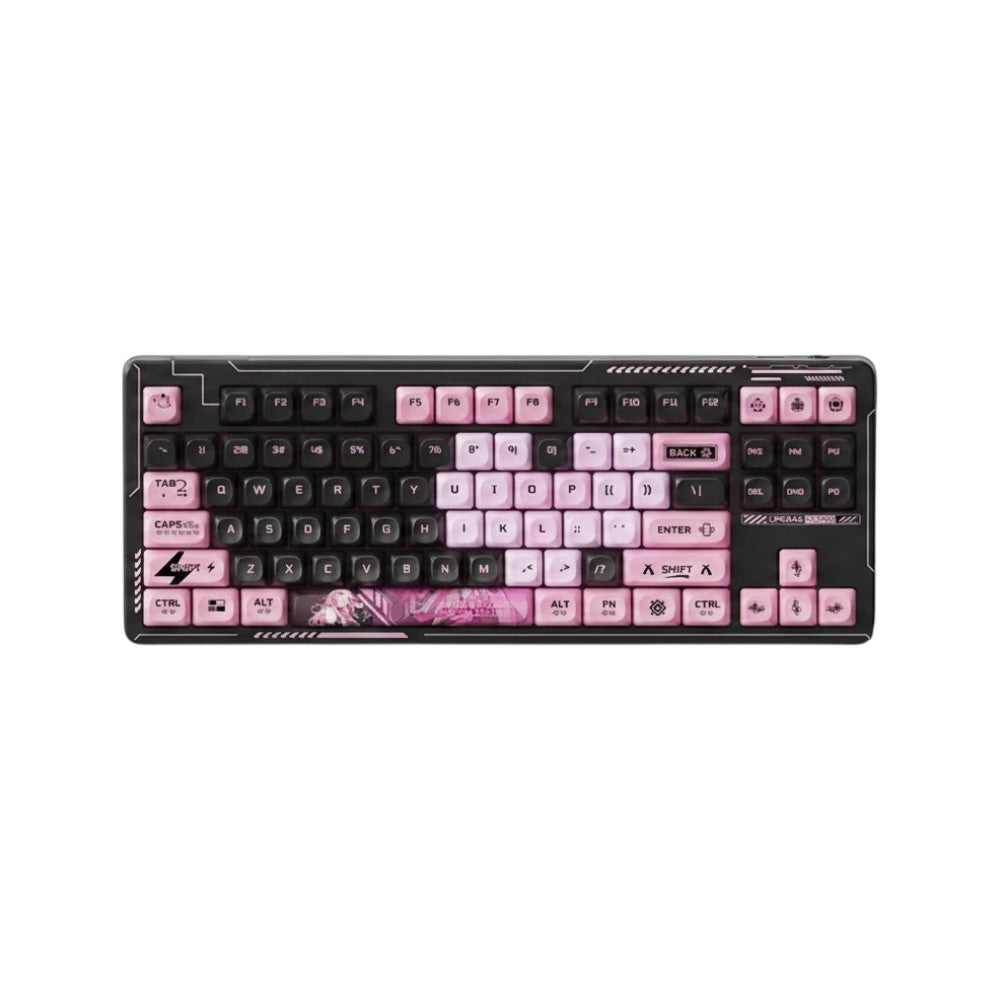 Lingbao K87 Pro tri-mode mechanical keyboard in black and pink color scheme.