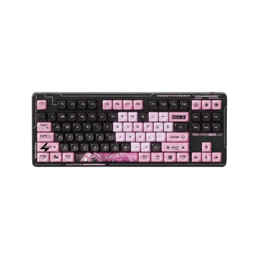 Lingbao K87 Pro tri-mode mechanical keyboard in black and pink color scheme.