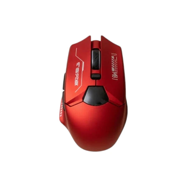 Lingbao M8 tri-mode wireless gaming mouse in red featuring black accents, high-precision sensor, and multi-device connectivity.