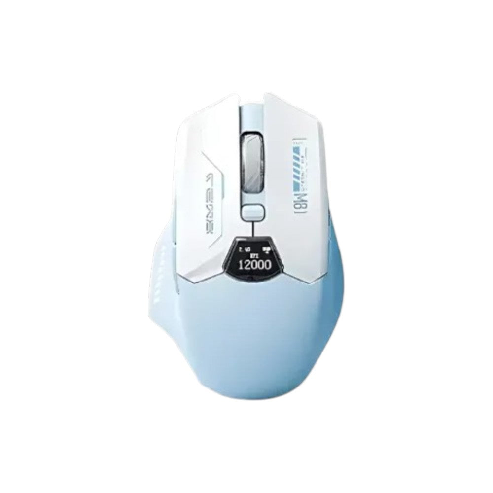 Lingbao M8 tri-mode wireless gaming mouse in blue featuring sharp white accents designed for high-performance esports gaming.