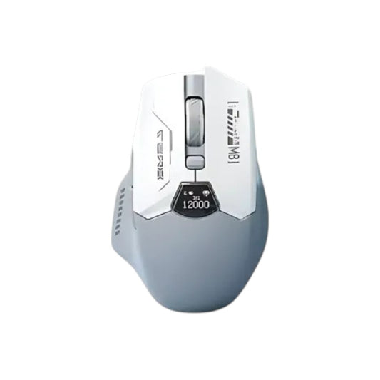 Lingbao M8 tri-mode wireless gaming mouse in white and gray featuring an ergonomic shape designed for high-performance esports gaming.