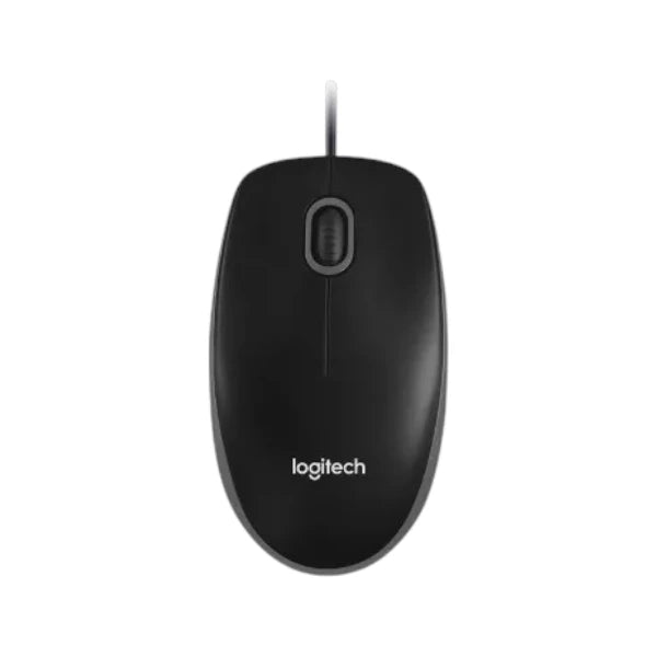 Logitech B100 wired optical computer mouse in black featuring an ergonomic design and prominent brand logo.
