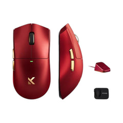 MCHOSE K7 Ultra tri-mode wireless gaming mouse in iron red with gold accents and a carrying case.