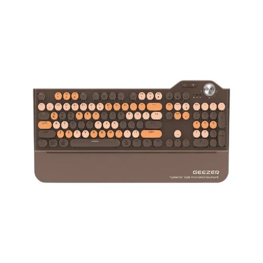 Mofii Geezer G7 tri-mode mechanical gaming keyboard with dark brown frame, round black beige orange keycaps, and rotary knob.