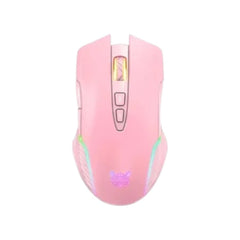 Onikuma CW905 2.4GHz wireless gaming mouse in pink featuring an ergonomic design and integrated RGB lighting.