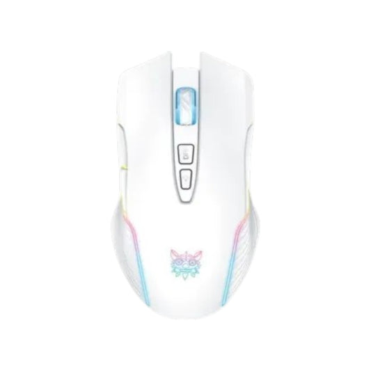 Onikuma CW905 2.4GHz wireless gaming mouse in white with customizable RGB rainbow lighting.