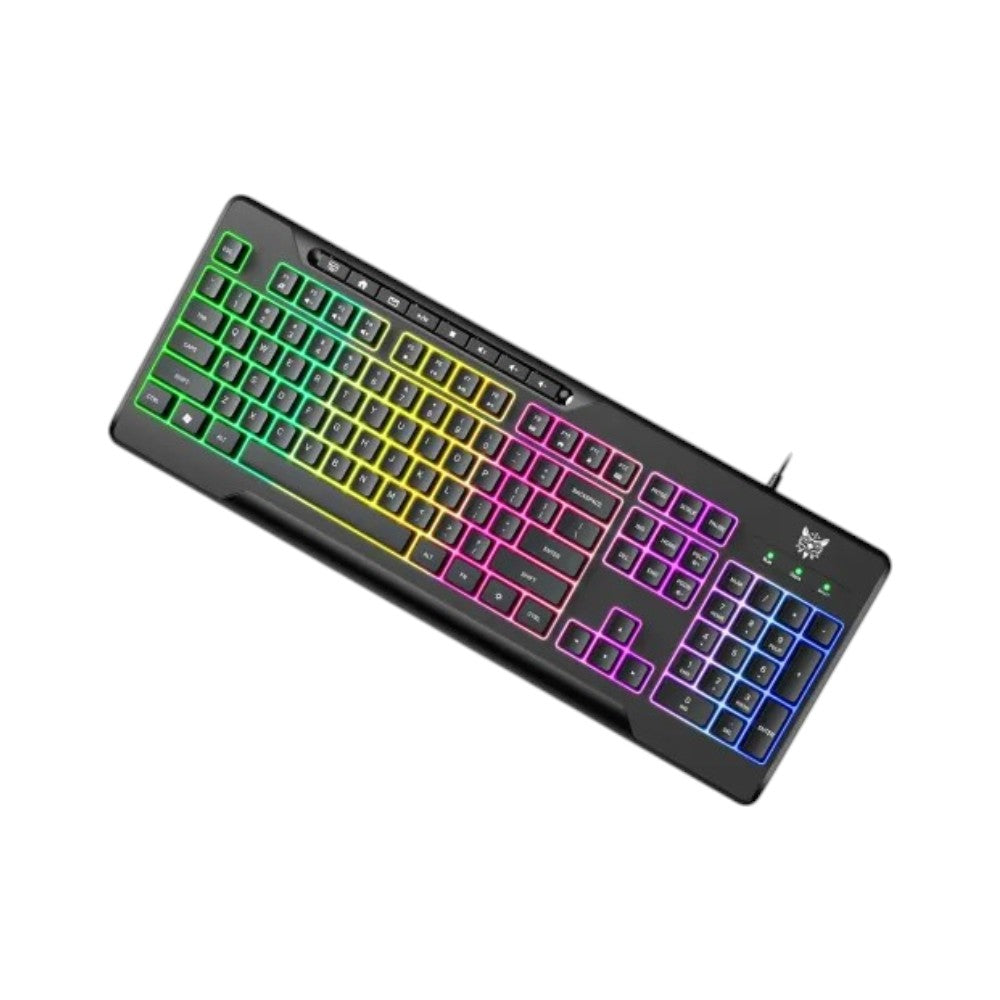 Onikuma G32 wired gaming keyboard with an ergonomic design and integrated multi-zone RGB backlighting.