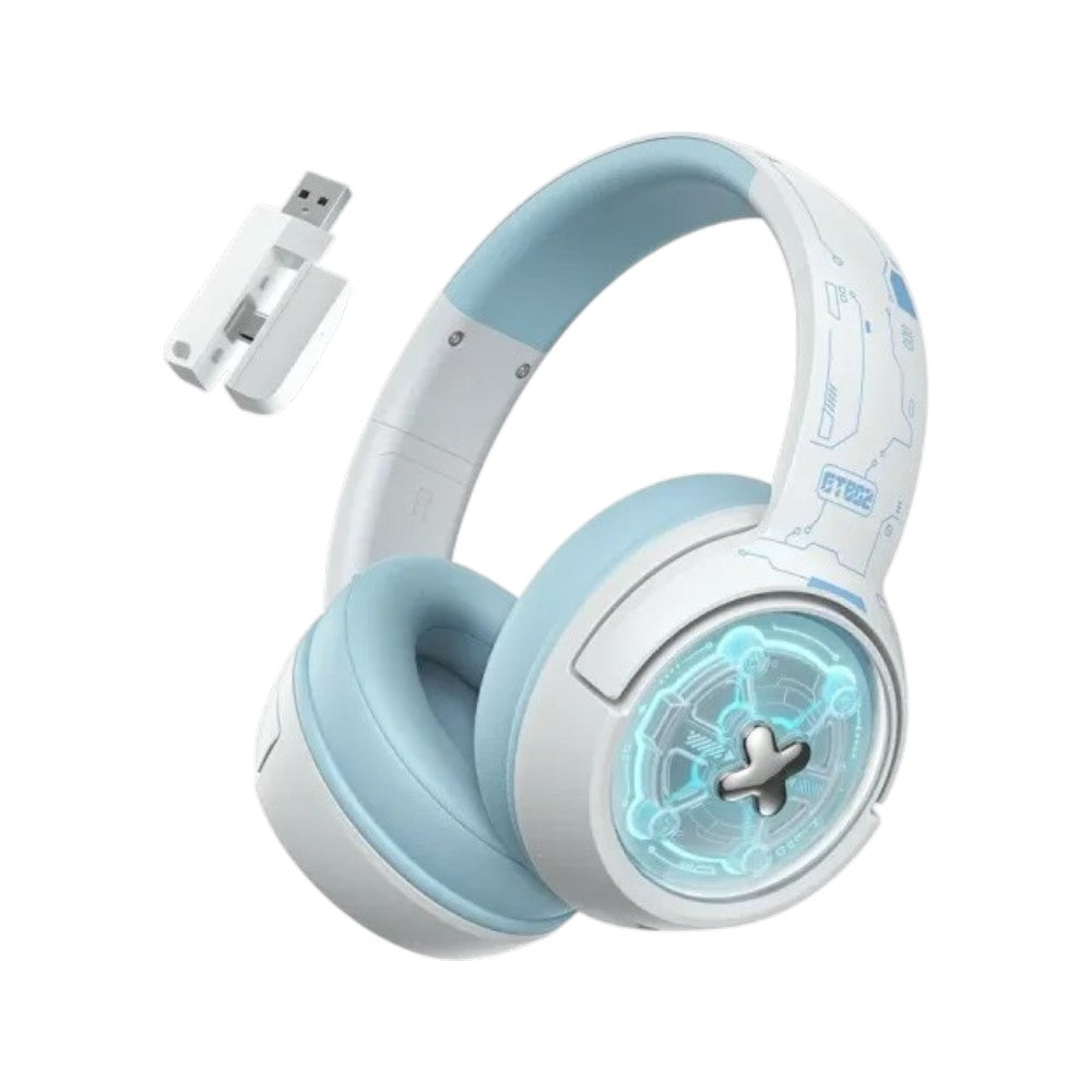 Onikuma GT802 tri-mode wireless gaming headset in white and light blue featuring comfortable ear cushions and a wireless USB dongle.