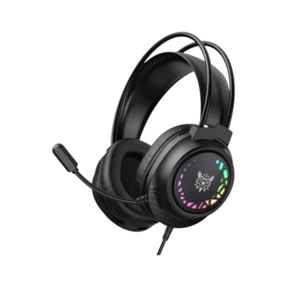 Onikuma X92 gaming headset in black featuring soft over-ear cushions and dynamic RGB lighting on the earcups.