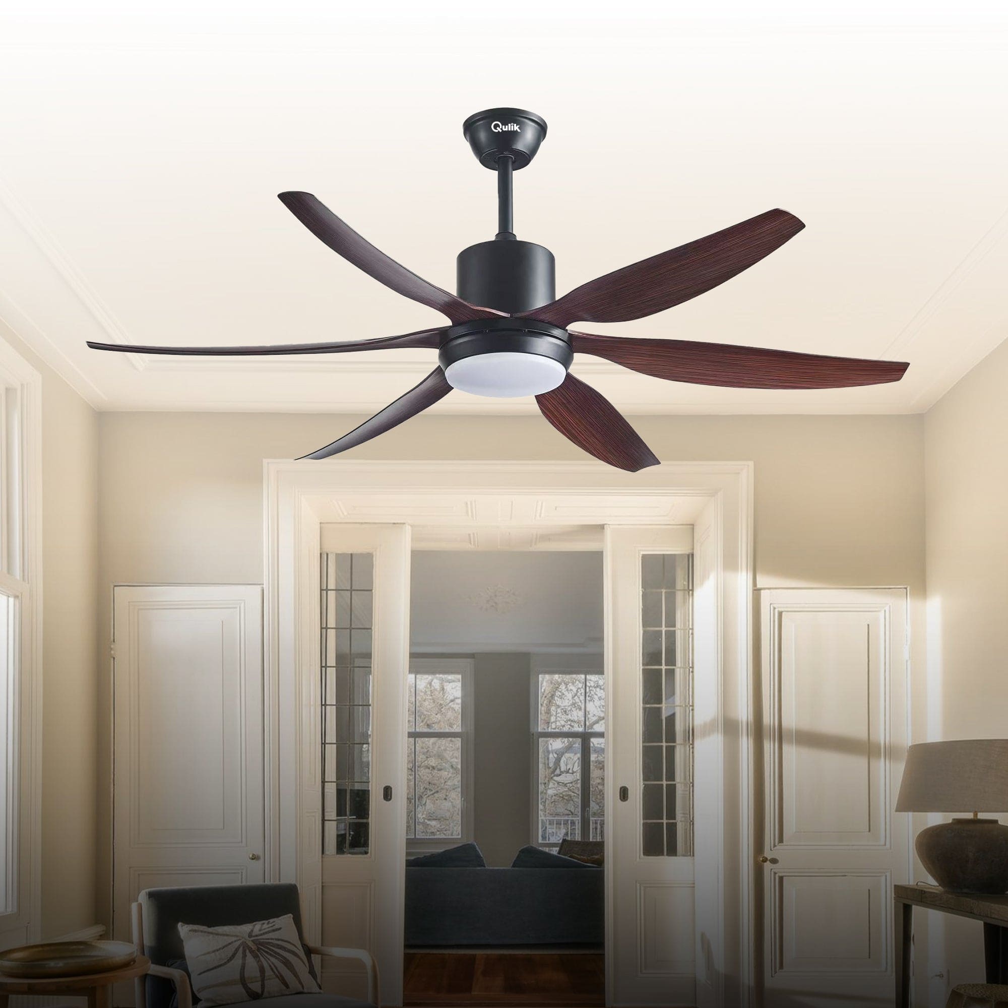 Qulik Silex 54" silent ABS blade ceiling fan with underlight and remote control in Dark Wood Grain (Q-6507-DW).