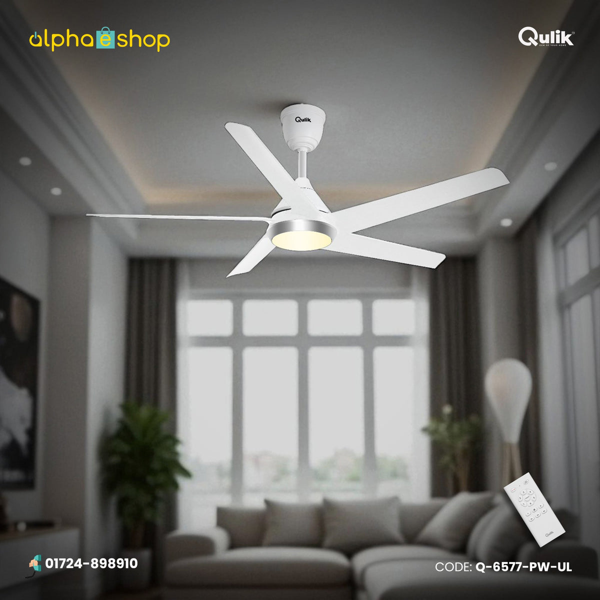 Qulik Alpha Edge 5B 53" energy saving BLDC remote control underlight ceiling fan in Parle White (Q-6577-PW-UL).