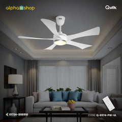 Qulik Falcon 53" pearl white BLDC ceiling fan featuring an integrated underlight, 5 curved white blades, and a white remote control.