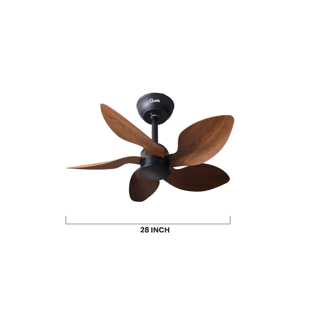 Qulik Flora 28" decorative silent ABS blade ceiling fan with remote control in Dark Wood (Q-D77089-DW).