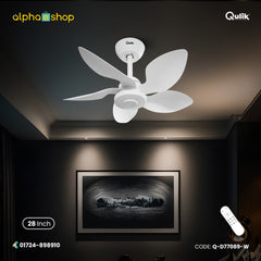 Qulik Flora 28" decorative silent ABS blade ceiling fan with remote control in White (Q-D77089-W).