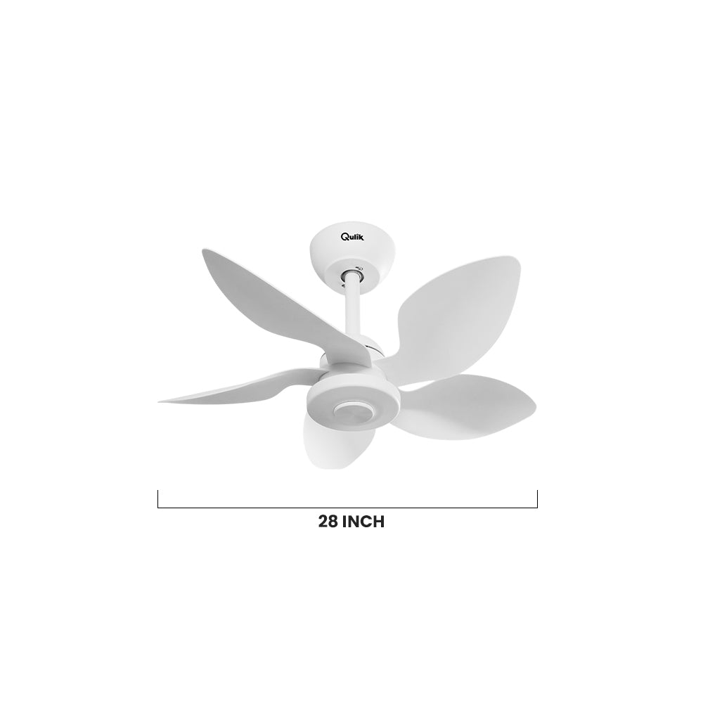 Qulik Flora 28" decorative silent ABS blade ceiling fan with remote control in White (Q-D77089-W).