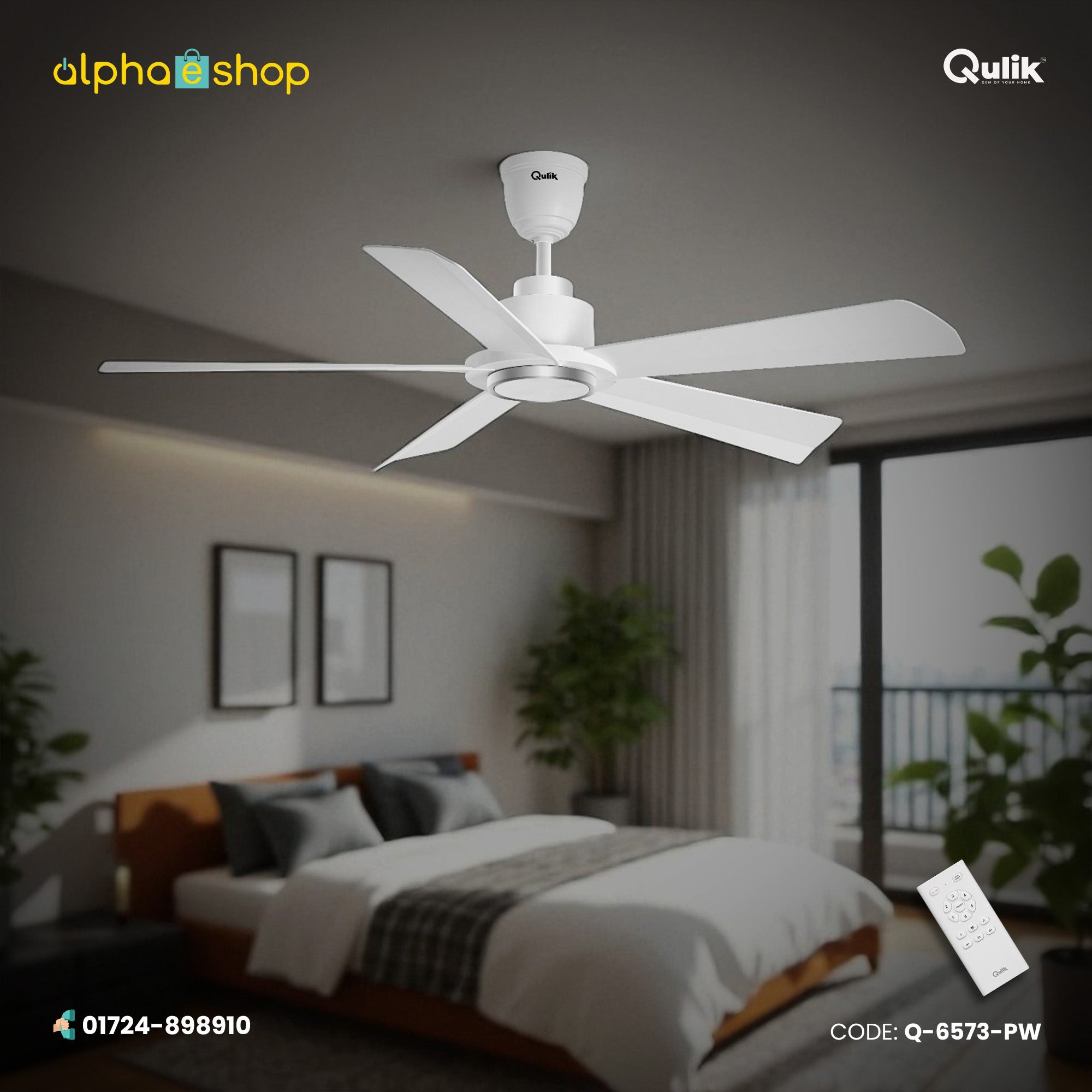 Qulik Quantom 56" decorative silent ABS blade ceiling fan with remote control in Pearl White (Q-6573-PW).