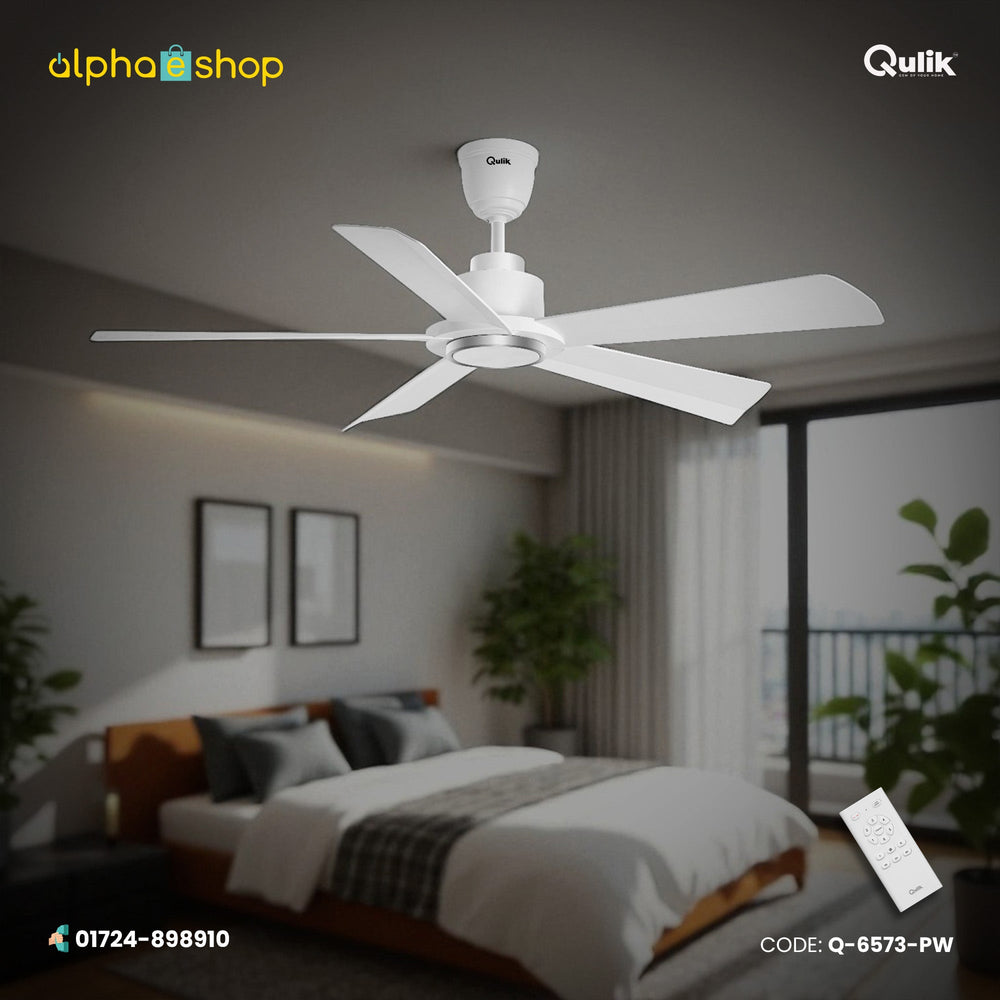 Qulik Quantom 56" decorative silent ABS blade ceiling fan with remote control in Pearl White (Q-6573-PW).