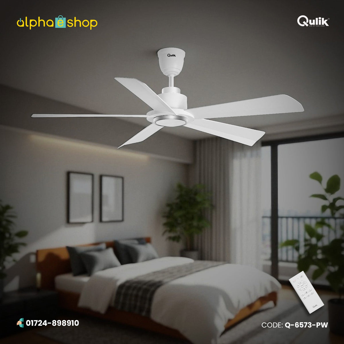 Qulik Quantom 56" decorative silent ABS blade ceiling fan with remote control in Pearl White (Q-6573-PW).