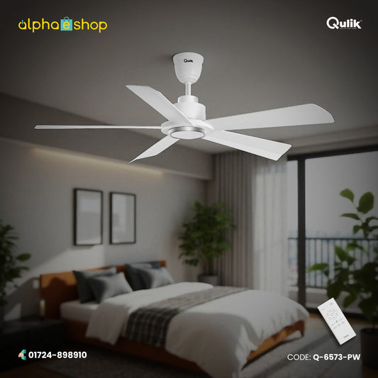 Qulik Quantom 56" decorative silent ABS blade ceiling fan with remote control in Pearl White (Q-6573-PW).
