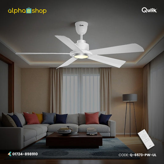 Qulik Quantom 56" decorative silent ABS blade ceiling fan with remote control in Pearl White (Q-6573-PW).