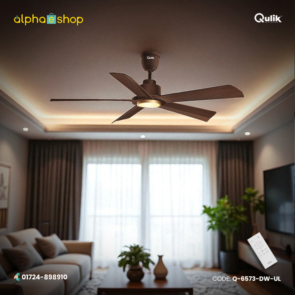 Qulik Quantom 56" decorative silent ABS blade ceiling fan with underlight and remote control in Dark Wood (Q-6573-DW-UL).