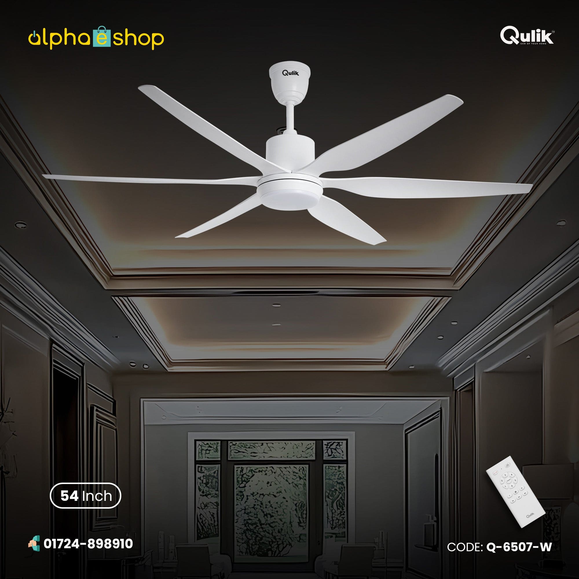 Qulik Silex 54" silent ABS blade ceiling fan with underlight and remote control in White (Q-6507-W).