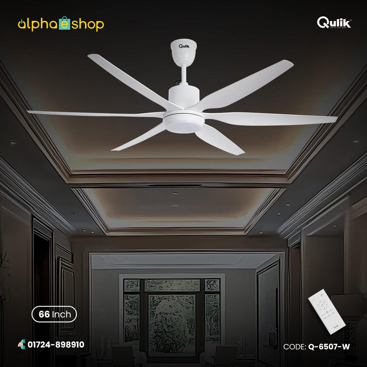 Qulik Silex 66" silent ABS blade ceiling fan with underlight and remote control in White (Q-6507-W).
