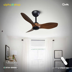 Qulik Spinner Pro 32" decorative silent ABS blade ceiling fan with remote control in Dark Wood (Q-D78021-DW).