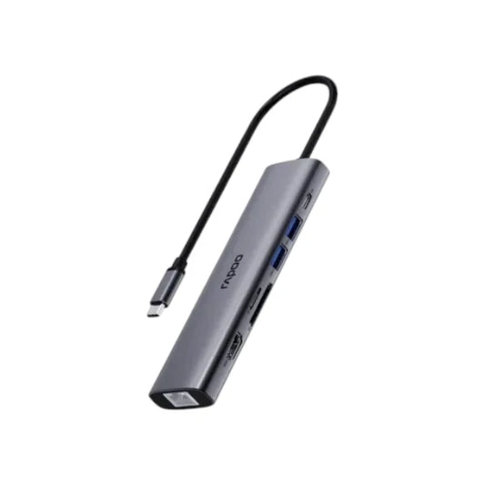 Rapoo XD71 Type-C 7-in-1 Multi-function Docking Station in Silver featuring multi-port connectivity and USB-C cable.