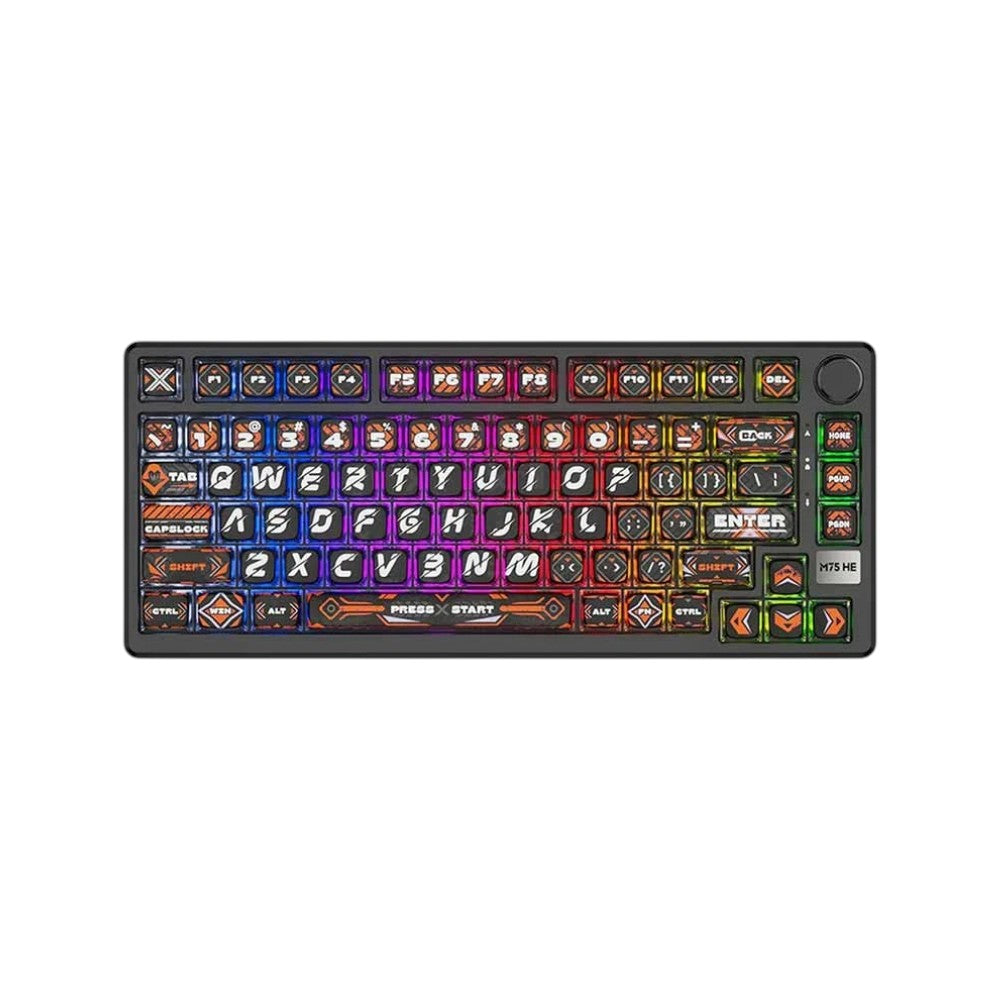 Royal Kludge RK M75 HE mechanical gaming keyboard with magnetic mint switches, RGB lighting, and custom Hephaestus keycaps.