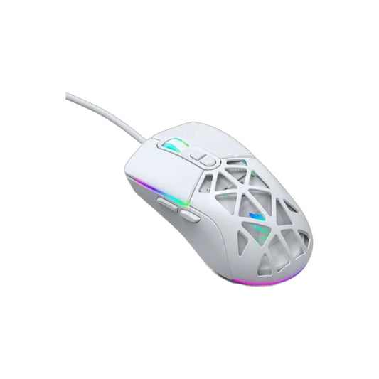 T-WOLF G520 wired gaming mouse in white featuring an ergonomic design and integrated RGB lighting.