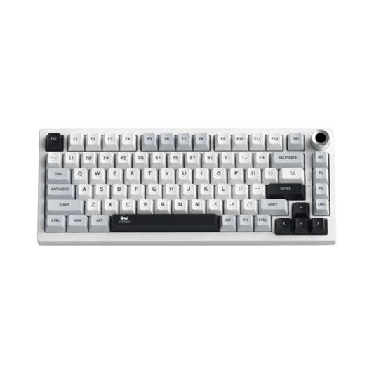 T-WOLF K81 tri-mode wireless mechanical keyboard featuring a white and light gray layout with black accent keys and RGB lighting.