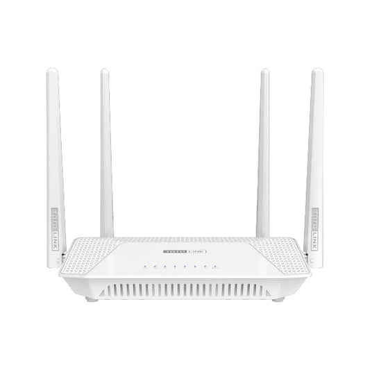 TOTOLINK A3002RU V4 AC1200 wireless dual-band gigabit router in white featuring four high-gain external antennas.