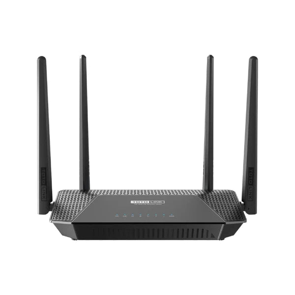 TOTOLINK A302R AC1200 wireless dual band megabit router in black featuring multiple high-gain external antennas.
