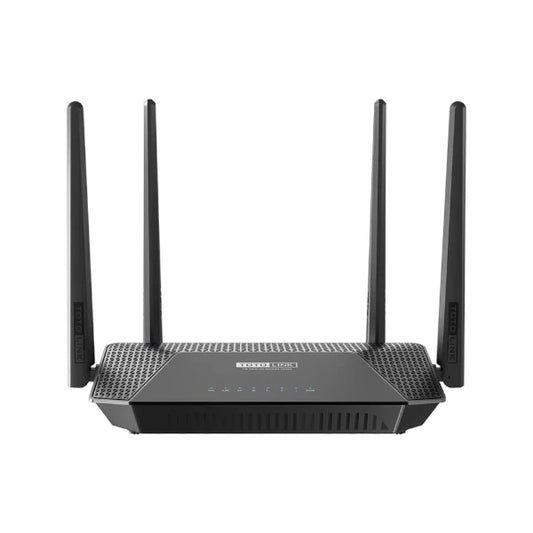 TOTOLINK A302R AC1200 wireless dual band megabit router in black featuring multiple high-gain external antennas.