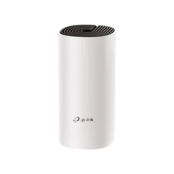 TP-Link Deco M4 AC1200 dual-band whole home mesh Wi-Fi router featuring a white cylindrical design with a black top.